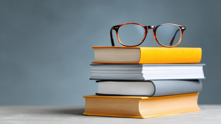 A modern depiction of stylish eyewear placed on a stack of vibrant books, representing the essence of education, learning, and intellectual growth in a contemporary setting.の素材