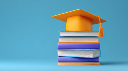A vibrant image featuring a bright graduation cap perched on a colorful stack of books, perfect for representing education, accomplishment, and the journey of learning for students.の素材
