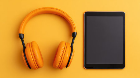 A striking composition featuring orange headphones and a sleek black tablet on a vibrant yellow background, ideal for music, technology, and modern lifestyle themes.の素材