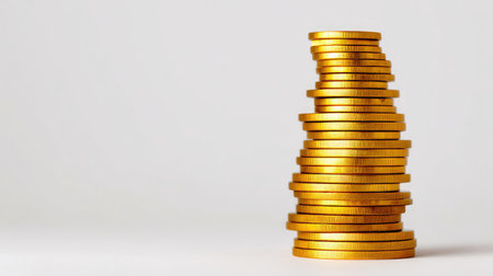 A visually appealing stack of golden coins against a plain backdrop, representing wealth, investment opportunities, and financial success while conveying the essence of prosperity.の素材