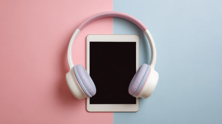 A clean, stylish composition featuring white headphones and a black tablet on a pastel pink and blue backdrop, symbolizing technology and modern music lifestyle.の素材