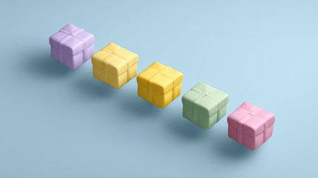 A charming display of colorful pastel gift boxes on a subtle blue background, ideal for themes related to celebrations, events, or artistic presentations.の素材