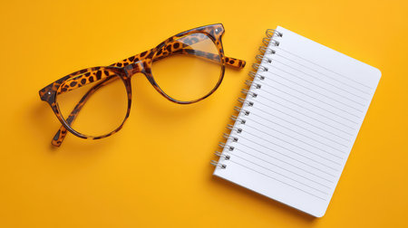 A vibrant flatlay featuring fashionable tortoiseshell glasses and a blank spiral notebook on a bright orange surface, perfect for inspiration and planning tasks.の素材