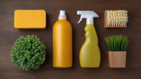 A vibrant and organized display of cleaning supplies including yellow bottles, natural elements, and tools on a wooden surface, perfect for home and lifestyle visuals.の素材