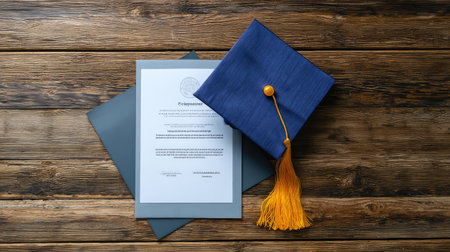 Capture the essence of achievement with this image featuring a graduation cap and diploma on a rustic wooden background, perfect for celebrating educational milestones.の素材