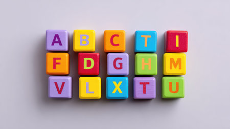 A vibrant arrangement of wooden alphabet blocks in various colors, perfect for stimulating creativity and learning in young children while promoting early literacy skills.の素材