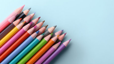 A collection of vibrant colored pencils arranged neatly on a soft light blue background, perfect for artistic projects, educational activities, or creative inspiration.の素材