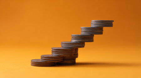 A visually captivating image of stacked coins on an orange background, representing financial growth and prosperity, ideal for business and investment themes.の素材