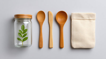 This image showcases an elegant arrangement of kitchen utensils, including wooden spoons and a glass jar with a fresh leaf, set against a grey background, evoking a minimalist cooking environment.の素材