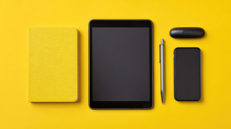 Vibrant yellow background featuring a stylish workspace setup with a tablet, smartphone, a notebook, and a pen, ideal for creativity and digital planning.の素材