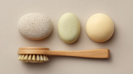 A serene composition featuring smooth, natural stones and a wooden brush, perfect for spa and wellness themes, emphasizing relaxation and natural beauty practices.の素材