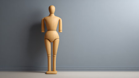 A wooden mannequin stands against a simple gray wall, highlighting its elegant design and craftsmanship. Ideal for fashion, art, and design projects.の素材