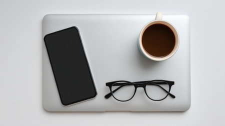 A clean and minimalistic workspace featuring a laptop, smartphone, coffee cup, and glasses, perfect for remote work, study, or creative tasks in a cozy environment.の素材