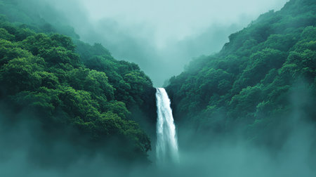 A captivating waterfall flows gracefully through a dense forest, enveloped in mist and fog, creating a serene atmosphere perfect for nature lovers and adventurers.の素材