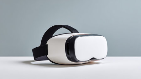 One VR headset resting on a white desk with soft shadows and ample blank backgroundの素材