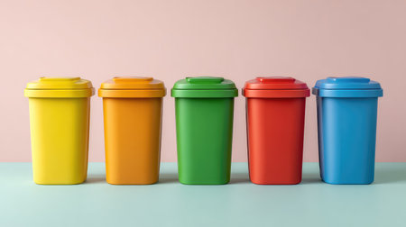 A vibrant arrangement of colorful plastic trash bins displayed against a soft pink background, ideal for themes of waste management and sustainable living.の素材