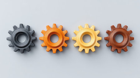 A set of colorful 3D printed gears displayed in a neat arrangement, ideal for representing themes of engineering, technology, and manufacturing concepts visually.の素材