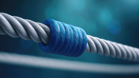 This close-up image captures the intricate details of a twisted rope bound with blue fibers, set against a softly blurred background, emphasizing texture and strength.の素材