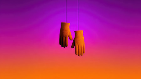 Bright orange gloves hang in front of a stunning gradient background, creating an eye-catching visual perfect for artistic and creative projects.の素材