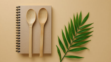 Captivating overhead view featuring wooden spoons resting on a minimalist notebook beside a vibrant tropical leaf, creating a harmonious, inviting atmosphere for cooking or lifestyle projects.の素材