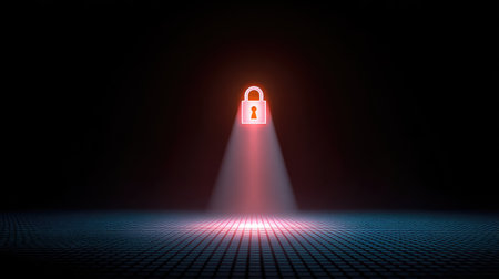 Captivating digital artwork of a radiant padlock symbol in a dimly lit space, embodying themes of security and digital protection in today's interconnected world.の素材