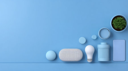 Soft blue background features an organized display of minimalistic objects, including a light bulb and decorative items, ideal for modern design inspiration and creative projects.の素材