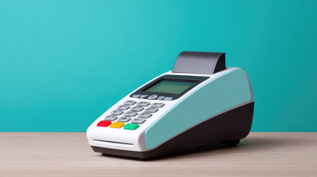 A sleek payment terminal rests on a wooden table against a turquoise background, illustrating modern technology for efficient transactional processes in retail settings.の素材