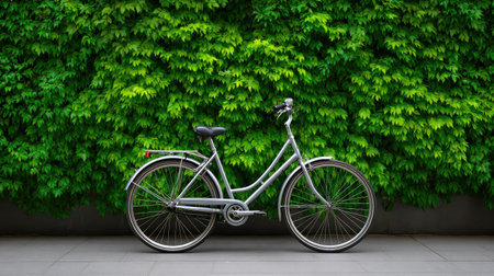 A sleek silver bicycle stands against a vibrant green wall of leaves, capturing the essence of urban eco-friendliness and the allure of outdoor adventures.の素材