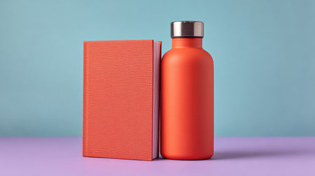 A vibrant orange water bottle stands next to a textured red notebook against a pastel backdrop, ideal for lifestyle, wellness, and educational visual content.の素材