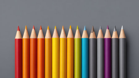 A beautiful arrangement of colorful pencils on a minimalist grey background, ideal for conveying creativity, artistic expression, and educational themes in design projects.の素材