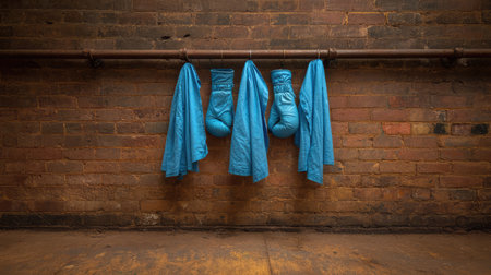 A vibrant composition featuring blue boxing gloves and robes hanging against a textured brick wall, symbolizing preparation and the intensity of sports training in an inspiring setting.の素材