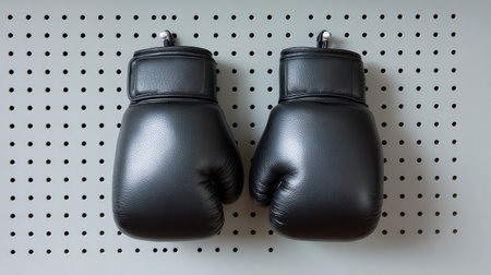 A pair of black leather boxing gloves displayed on a perforated wall, ideal for illustrating sports equipment, training accessories, or fitness-related concepts.の素材