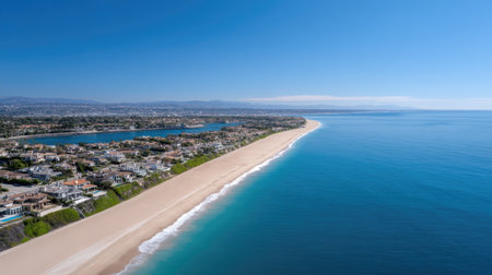 This stunning aerial view captures the beauty of a serene beach bordered by luxurious homes, showcasing a clear blue sky and calm ocean waves perfect for relaxation.の素材