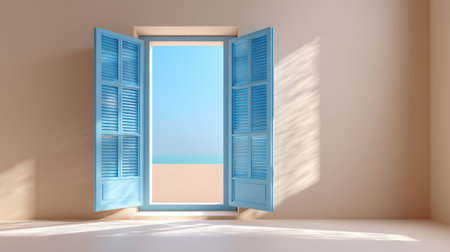 This image showcases a bright window with blue shutters, offering a stunning view of the ocean and beach, perfect for conveying tranquility and relaxation.の素材