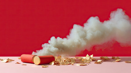 A captivating composition featuring vibrant red background, smoke, and shimmering gold confetti, ideal for celebration themes and festive marketing.の素材