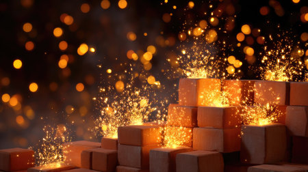 A captivating scene featuring glowing sparks emanating from wooden blocks, set against a warm bokeh background. The intricate play of light enhances the festive atmosphere, creating a dynamic and enchanting visual. Ideal for conveying warmth and celebration.の素材