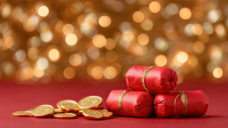 Beautiful arrangement of festive red wrappers filled with chocolate coins, perfect for celebrations, parties, or seasonal festivities, enhanced by a soft bokeh background.の素材