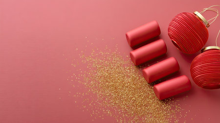 A visually striking arrangement featuring red ornaments and candles, paired with shimmering gold glitter on a soft pink background, ideal for holiday festivities.の素材