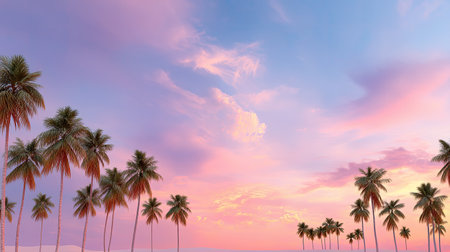Experience the tranquility of a vibrant tropical sunset, where palm trees sway gently beneath a colorful sky reflecting over a calm ocean horizon.の素材