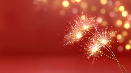 This vibrant image features sparkling fireworks against a rich red backdrop, creating a festive and joyful atmosphere ideal for celebrations and special occasions.の素材