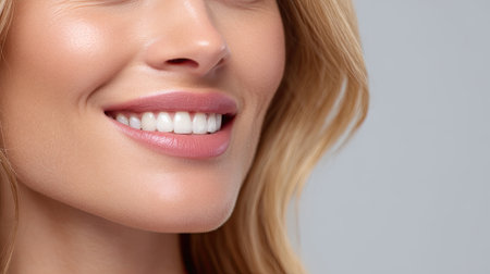 This close-up image showcases a smiling woman with radiant skin and bright teeth against a soft gray background. It captures beauty and confidence.の素材