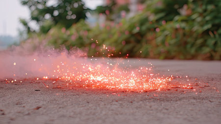 A captivating scene showcasing vibrant sparks of light exploding against a textured ground, surrounded by lush greenery, creating a lively dynamic moment.の素材
