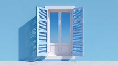 A charming blue shuttered window stands open against a clean backdrop, inviting warm light and offering a serene view of the clear sky outside, embodying a minimalist aesthetic.の素材