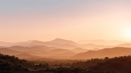 A stunning mountain landscape captured at sunrise, showcasing soft hues of pink and orange illuminating the sky, evoking a feeling of peace and tranquility.の素材