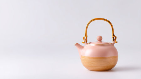 This elegant pink teapot with a wooden base features a golden handle, perfect for enhancing kitchen aesthetics and serving tea in style.の素材