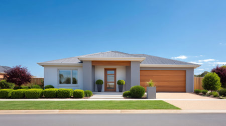 This image showcases a stunning modern suburban home, featuring an elegant facade, lush landscaping, and a bright blue sky, ideal for portraying tranquility.の素材