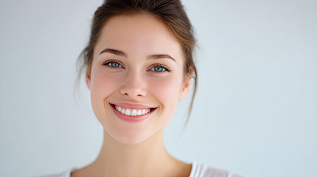 A bright and cheerful portrait of a smiling young woman showcasing her natural beauty and confidence, set in an inviting indoor environment.の素材