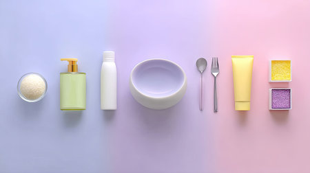An aesthetically arranged selection of bath and beauty products on a soft pastel background, ideal for relaxation and wellness themes in visual content.の素材