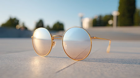 A pair of fashionable round sunglasses with reflective lenses is positioned on a smooth surface, showcasing a vibrant atmosphere under a clear blue sky.の素材