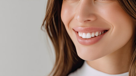Captivating close-up of a smiling woman showcasing her flawless skin and vibrant smile. This image embodies joy, confidence, and beauty in everyday life.の素材